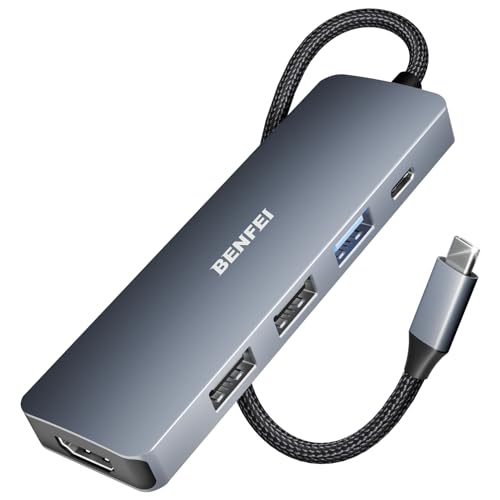 BENFEI USB C ハブ 5in1 4K@30Hz HDMI 1*USB3.2+2*USB2.0ポート 10Gbps超高速データ転送用 Type-C 100W PD急速充電 シリコンおよび織物デザインケーブル アルミニウムケース MacBook Pro/Air、iPad Pro、iMac、iPhone 15 Pro/Pro Max、XPS、Thinkpad に対応 画像1