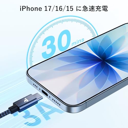 【2本セット】RAMPOW USB C ケーブル【2m+2m/グレー PD対応 60W急速充電】データ転送 断線防止 高耐久ナイロン iPhone17/Air/16/16e/15 充電 MacbookPro/iPad Pro&Air/Galaxy/SonyなどType C機種対応 中間 画像