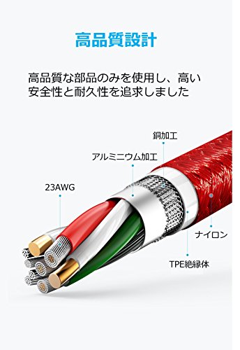 Anker PowerLine+ USB-C & Anker PowerLine+ USB-C & USB-A 3.0 ケーブル (1.8m レッド) Galaxy S8 / S8+、MacBook、Xperia XZ対応 中間 画像
