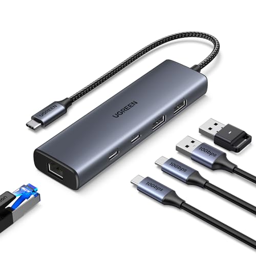 UGREEN USB C 有線LANアダプター 6-in-1 LAN ハブ LANポート付き USB-C to RJ45 ギガビットイーサネット 10Gbps 超高速転送 Type C*2+USB A*2 拡張 Surface/XPS/Mac OS/Windows/Linux などに対応 LAN ネットワークアダプター 画像1