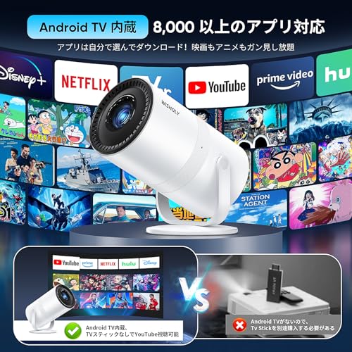 WISHOLY プロジェクター 小型【2025年超小型・電動フォーカス・Android TV搭載・270°回転】ぷろじぇくたー 家庭用 25000LM 1080P WiFi 6 プロジェクター 天井 Wi-Fi 自動台形補正 Bluetooth5.4 内蔵HiFiスピーカー 50％ズーム機能 静音設計 スマホ/PC/Switch/DVD等接続可能 中間 画像