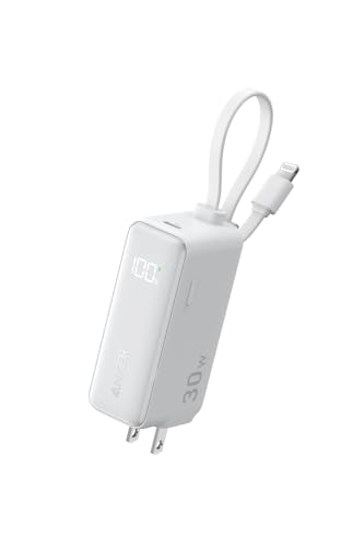 Anker Power Bank (30W, Fusion, Built-In ライトニングケーブル) (5000mAh 22.5W出力モバイルバッテリー搭載 30W出力USB充電器) / LEDディスプレイ/ライトニングケーブル一体型/コンセント一体型/折りたたみ式プラグ 1台3役 / MFi認証取得/iPhone 14 / 13 / AirPods 各種対応 (ホワイト) 1枚目 画像