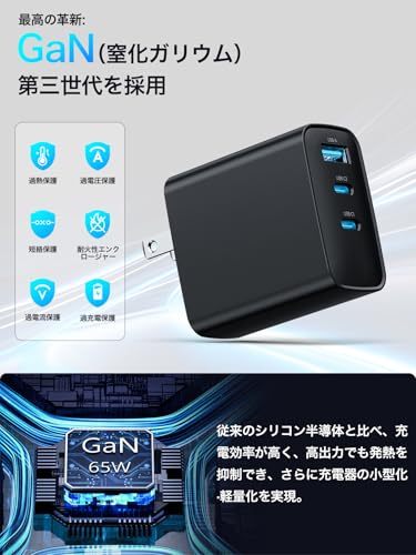 PD 充電器 65w【2025新設計・超軽量・超低温】安全で低温 折りたたみ式プラグ Type C 急速充電器 タイプc USB-C スマホ PSE認証済み 出張・旅行 PD3.0/QC3.0/PPS/SCP規格 MacBook/iPad/iPhone 16/Android その他機器対応 中間 画像