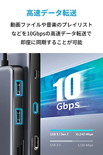 Anker PowerExpand 8-in-1 USB-C PD 10Gbps データ ハブ 100W USB Power Delivery 対応 USB-Cポート 4K (60Hz) 出力対応 HDMIポート 10Gbps 高速データ転送 USB-Cポート USB-Aポート 1Gbps イーサネット microSD&SDカード スロット搭載 MacBook Pro iPad Pro対応 中間 画像