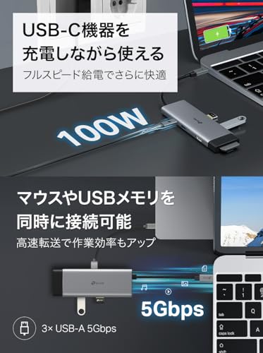 TP-Link USB-C ハブ 7ポート 4K HDMI / 100W PD充電/SD & microSD UHS-I対応 / USB3.0 Type-A ×3ポート / Mac・iPad・Windows対応/プラグ＆プレイ UH7021C 中間 画像