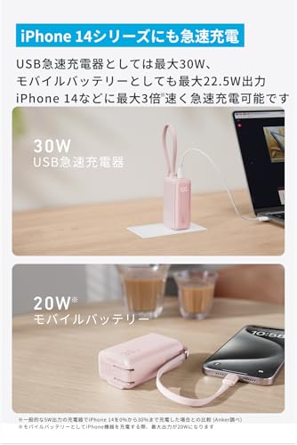 Anker Power Bank (30W, Fusion, Built-In ライトニングケーブル) (5000mAh 22.5W出力モバイルバッテリー搭載 30W出力USB充電器) / LEDディスプレイ/ライトニングケーブル一体型/コンセント一体型/折りたたみ式プラグ 1台3役 / MFi認証取得/iPhone 14 / 13 / AirPods 各種対応 (ホワイト) 中間 画像