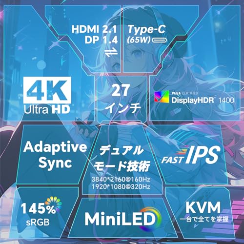 KTC 27インチ QD-MiniLED 4K@160Hz / FHD@320Hz 量子ドットデュアルモード ゲーミングモニター HDR1400 1000000:1のコントラスト比 KVM Adaptive Sync HDMI2.1*2/DP1.4*1 Type-C 65W USB3.0*3 フル調整スタンド チルト・回転・昇降可能で簡単設置 VESA対応 3年保証付き 白い M27P6 最後 画像