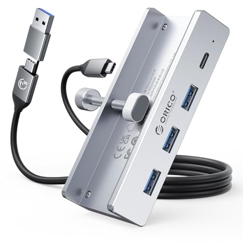 ORICO USB C ハブ クランプ 固定 usb hub 3.0 4ポート 5Gbps高速転送 USB-C 給電ポート付き（5V/3A） バスパワー/セルフパワー両対応 2-IN-1 1mケーブル付き アルミ クリップ式 USB拡張 USB増設 Windows/Linux/Mac OS対応 テレワー 在宅勤務 シルバー MH4PC 画像1
