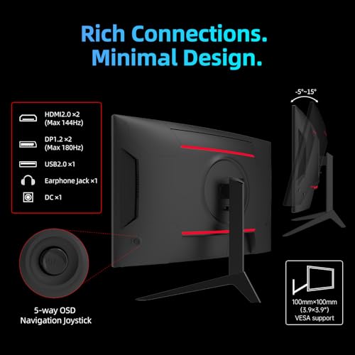 KTC 27インチ WQHD 180Hz 1ms カーブゲーミングモニター 1440P 144Hz モニター 132% sRGB HVA FreeSync DisplayPort/HDMI/USB VESA コンピューターモニター ゲーマー用 (DP ケーブル付属) 中間 画像