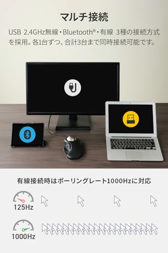 エレコム トラックボールマウス HUGE PLUS 静音 ベアリング支持 充電式 Bluetooth 無線2.4GHz 有線 3台マルチペアリング 10ボタン チルトホイール 2年保証 ブラック M-HT1MRBK-G 中間 画像