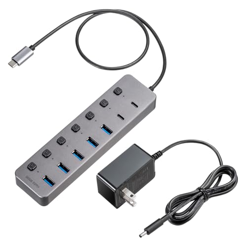 サンワダイレクト USBハブ Type-C 接続 7ポート USB-C×2/USB-A×5 セルフパワー USB充電器 個別スイッチ付 USB3.2/5Gbps ACアダプタ付 400-HUBC32GM 画像1