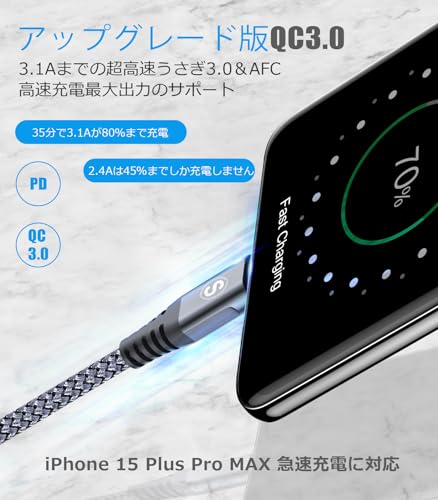 USB Type C ケーブル【2M/2本セット】Sweguard USB-C & USB-A 3.1A USB C ケーブル【QC3.0対応 急速充電】 タイプc 充電 iPhone17 16/iPhone 15 Pro MAX, iPad Pro,Samsung Galaxy S25 /S24/S23/S22/S21/S20,Sony,Xiaomi,Pixel,Type-c機種対応(灰) 最後 画像