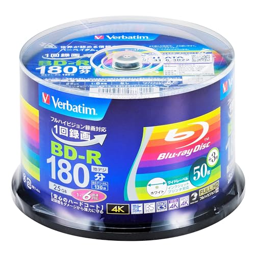 Verbatim バーベイタム 1回録画用 ブルーレイディスク BD-R 25GB 50枚+3枚増量パック インクジェットプリンタ対応 ホワイト 片面1層 1-6倍速 1枚目 画像
