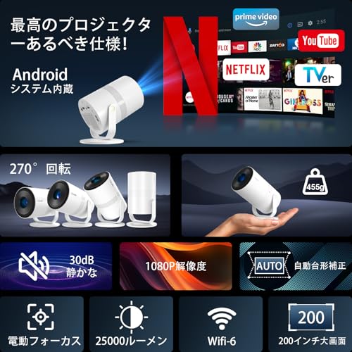 Tecaki プロジエクター 家庭用【Android TV搭載・電動フォーカス・自動台形・270°回転】 小型 1080P 天井投影 静音 4K対応 25000LM ホームプロジェクター Bluetooth5.4 HiFiスピーカー内蔵 Wifi6 200inch大画面 短焦点 短距離投影 スマホ/PC/DVD/SWITCHなど対応 日本語取扱書 最後 画像
