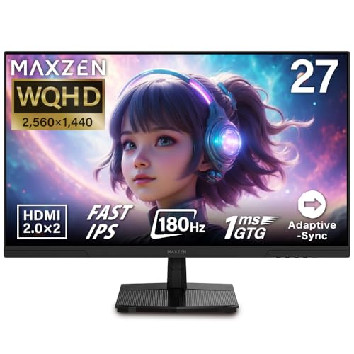 MAXZEN ゲーミングモニター 27インチ WQHD(2560×1440) 1440P 180Hz HDMI2.0×2 DP1.4×2 FastIPS 1ms(GTG) Adaptive-Sync ブルーライトカット 非光沢 フリッカーレス ブラック MGM27IC02 マクスゼン 画像1