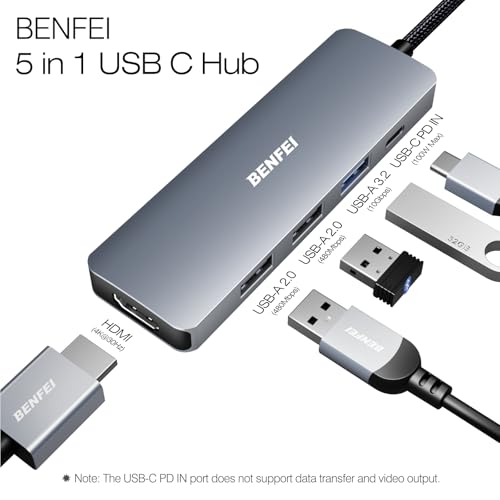 BENFEI USB C ハブ 5in1 4K@30Hz HDMI 1*USB3.2+2*USB2.0ポート 10Gbps超高速データ転送用 Type-C 100W PD急速充電 シリコンおよび織物デザインケーブル アルミニウムケース MacBook Pro/Air、iPad Pro、iMac、iPhone 15 Pro/Pro Max、XPS、Thinkpad に対応 中間 画像
