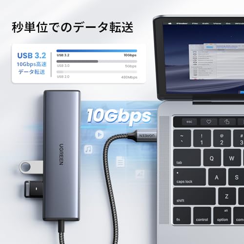 UGREEN USB C 有線LANアダプター 6-in-1 LAN ハブ LANポート付き USB-C to RJ45 ギガビットイーサネット 10Gbps 超高速転送 Type C*2+USB A*2 拡張 Surface/XPS/Mac OS/Windows/Linux などに対応 LAN ネットワークアダプター 中間 画像