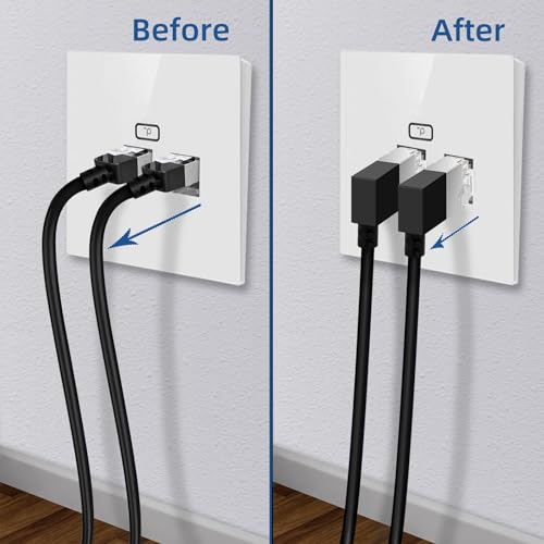 Dutevolns 極細い Cat6 イーサネットケーブル 90°左角度 5m 、超薄型柔軟 RJ45 LAN ギガビット、高速10Gbps 550Mhzケーブル、対応 PC、ルーター、PS4、PS5用（白） 中間 画像