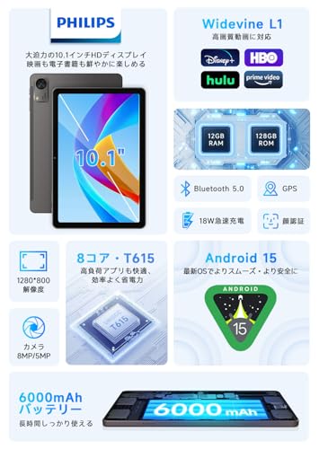 【国内正規品】PHILIPS Android15 タブレット 10インチ wi-fiモデル 8コアCPU 12GB RAM+128GB ROM+1TB拡張 90Hzリフレッシュレート 6000mAh大容量バッテリー Type-C充電 WidevineL1 Bluetooth5.0/顔認証/GPS/2.4G&5GWi-Fi/分割画面/無線投影/学習・ビジネス・子供対応 日本語説明書 軽量T7315 最後 画像