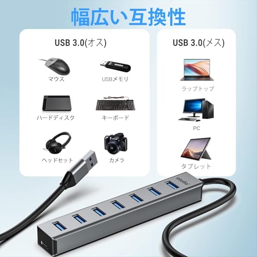 atolla USBハブ USB3.0 HUB 7ポート 100cmケーブル USB3.0ハブ USB 拡張 ウルトラスリム 5Gbps超高速転送 アルミニウム合金 軽量 追加5V/3A電力供給ポートWindows/Linux/Mac OS/Android/Chrome OS/PS4/MacBook等OSとPC対応 在宅勤務 中間 画像