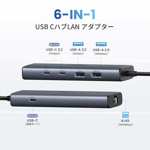 UGREEN USB C 有線LANアダプター 6-in-1 LAN ハブ LANポート付き USB-C to RJ45 ギガビットイーサネット 10Gbps 超高速転送 Type C*2+USB A*2 拡張 Surface/XPS/Mac OS/Windows/Linux などに対応 LAN ネットワークアダプター 最後 画像