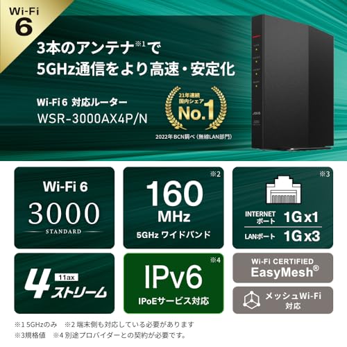 【Amazon.co.jp限定】 バッファロー WiFi ルーター 無線 LAN Wi-Fi 6 11ax AX3000 2,401+573Mbps 日本メーカー 【 iPhone 16e / 16 / 15 / 14 / Nintendo Switch / PS5 動作確認済み 】 スマート 引っ越し エコパッケージ ブラック WSR-3000AX4P/NBK 最後 画像