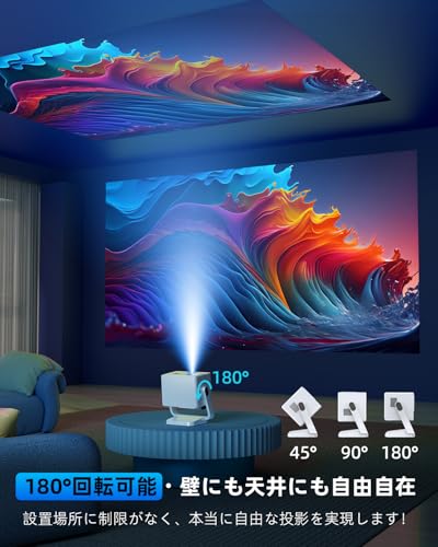 WISHOLY プロジェクター 家庭用【2025新登場！Android TV搭載・180°回転】プロジェクター天井投影 18000LM 1080P Wi-Fi 電動フォーカス 自動台形補正 ホームプロジェクター Bluetooth5.4 スタンド一体型 HiFiスピーカー内蔵 50％ズーム機能 操作簡単 ノートパソコン/スマホ/ＴＶボックス/USB/PSゲーム機/DVDプレーヤーなど対応 中間 画像