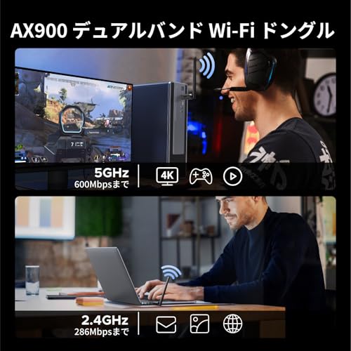 UGREEN WIFI 無線LAN 子機 WIFI 6 USB Bluetooth 5.4 アダプター AX900 600Mbps + 286Mbps 2-In-1 デュアルバンド 6dBi ハイパワーアンテナ Windows 10/11対応 802.11a/b/g/n/ac/ax無線規格 WiFi USB アダプター 中間 画像