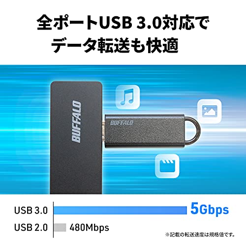 バッファロー USB ハブ USB3.0 スリム設計 4ポート 60cm バスパワー 軽量 Windows Mac PS4 PS5 Chromebook 対応 テレワーク 在宅勤務 BSH4U12560U3BK 中間 画像