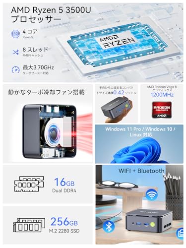 GMKtec ミニPC 【G10 ブラック 初登場 Ryzen 5 3500U搭載・N150より速い】 64GB DDR4＋16TB SSD拡張対応｜動作より安定 最大3.7GHz｜4K×3画面出力・2.5GLAN HDMI 2.1/DP/Type-C・Win11 Pro Mini PC USB3.2×3 企業・学習向け・プロ用 超小型 高性能 GMKtec G10 16GB+256GB日本語版 最後 画像