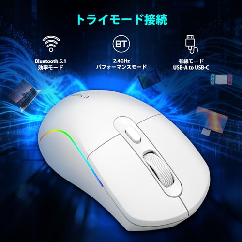 e元素ワイヤレスゲーミングマウス 10000DPI トリプルモード(2.4GHz/BT5.1/USB-C有線) RGBバックライト 6つのプログラマブルボタン 人間工学充電式 PC/Mac/PS/Xbox対応 ホワイトの特徴・詳細 画像