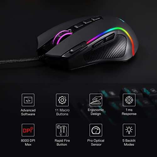 Redragon M612 Predator RGB ゲーミングマウス 8000 DPI 有線光学ゲーマーマウス 11個のプログラム可能なボタン & 5つのバックライトモード ソフトウェアサポート DIY キーバインド 高速ファイアボタン 中間 画像