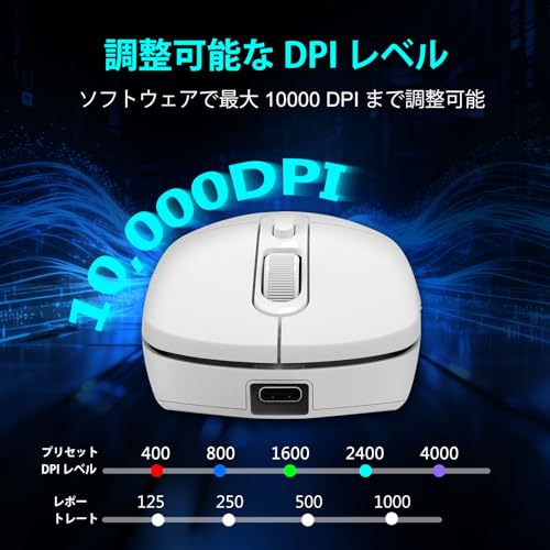 e元素ワイヤレスゲーミングマウス 10000DPI トリプルモード(2.4GHz/BT5.1/USB-C有線) RGBバックライト 6つのプログラマブルボタン 人間工学充電式 PC/Mac/PS/Xbox対応 ホワイトの特徴・詳細 画像