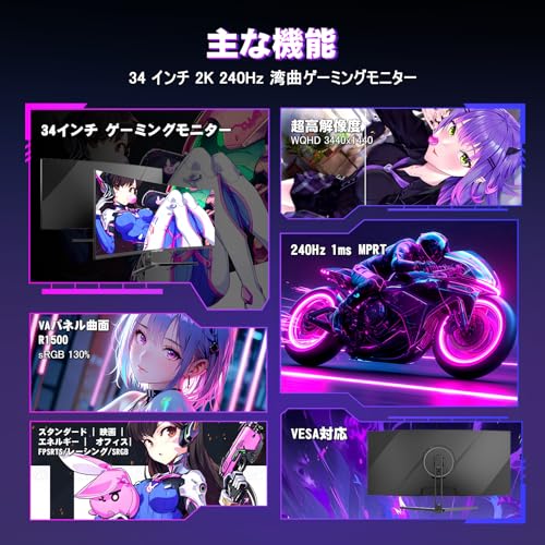 Amzfast 34インチ ゲーミングモニター 240Hz 曲面ウルトラワイド UWQHD 3440x1440 1ms MPRT 130%sRGB VAパネル 3000:1コントラスト/HDR400/Adaptive Sync/フリッカー防止/PIP PBP機能/ブルーライト低減/HDMI 2.1FRL*2+DP1.4 *2/75x75 VESA/5年保証 AMZG34C5Q Pro（VRR対応） 最後 画像