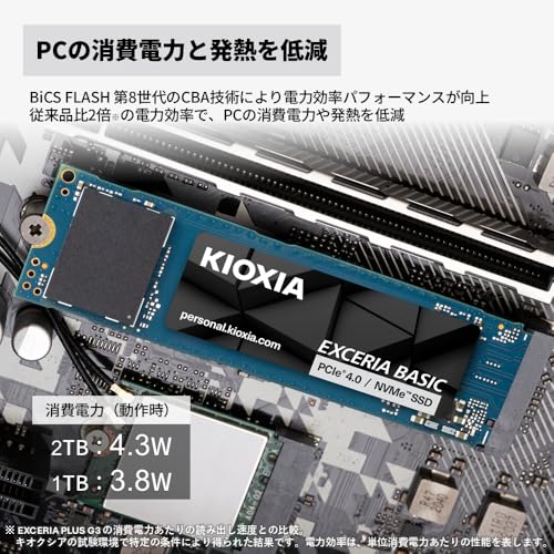 キオクシア KIOXIA 内蔵 SSD 1TB PCIe Gen4×4 NVMe 2.0d M.2 Type 2280 (最大読込:7,200MB/s) BiCS FLASH 5年保証 EXCERIA BASIC SSD-CK1.0N4B/N【国内正規代理店保証品】 中間 画像