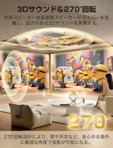 プロジェクター 家庭用 小型【2026音質強化バージョン・外部スピーカー・HDR高ダイナミック画質】270°回転 高輝度 1080P 天井投影 Wi-Fi6 大画面 Android TV搭載 Bluetooth5.4 HiFiスピーカー 自動台形補正 ズーム機能 短距離投影 軽量 静音 HDMI/スマホ/PC/DVDなどに対応 プレゼントに最適 ホームシアターの特徴・詳細 画像