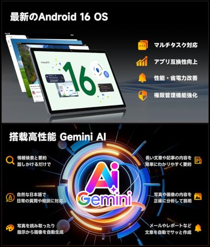 【タブレット Android 16強化版】タブレット 10インチ wi-fiモデル 8コアCPU 24GB RAM+64GB ROM+2TB拡張 アンドロイド16 tablet GPS搭載 6000mAh大容量バッテリーwidevineL1/Netflix/YouTube対応 顔認識Type-C充電 2.4G&5G 画面分割 児童守護 動画/電子書/マンガ見る 保護 フイルム貼り済み 一年保証の詳細・まとめ 画像