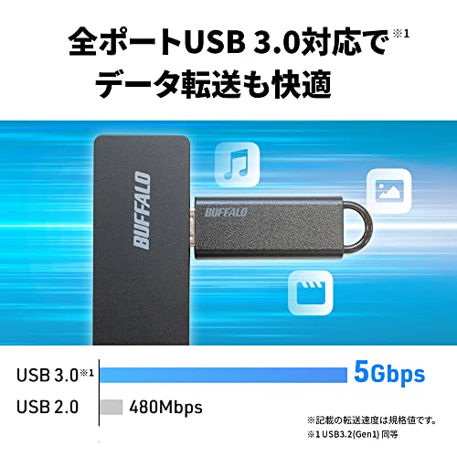 バッファロー USB ハブ USB3.0 スリム設計 4ポート バスパワー 軽量 Windows Mac PS4 PS5 Chromebook 対応 テレワーク 在宅勤務 BSH4U125U3BKの特徴・詳細 画像