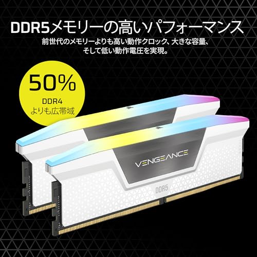 CORSAIR DDR5-6000MHz デスクトップPC用メモリ VENGEANCE RGB DDR5シリーズ (PC5-48000) Intel XMP メモリキット 32GB ホワイト [16GB×2枚] CMH32GX5M2E6000C36Wの特徴・詳細 画像