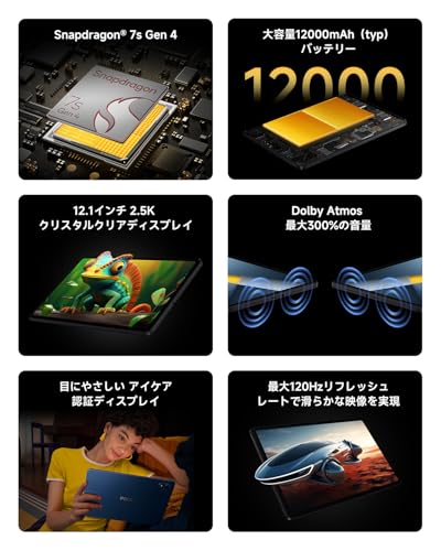 Xiaomi POCO Pad M1 タブレット 8GB+256GB 2.5K 120Hz 大型12.1インチディスプレ Dolby Atmos対応 12000mAh 大容量バッテリー リバース充電対応 Snapdragon 7s Gen 4チップ 2TBまで拡張 Wi-Fi Bluethooth 軽量 エンターテインメント会議 作業 適用 子供用にも 日本語版 ブルー 最後 画像