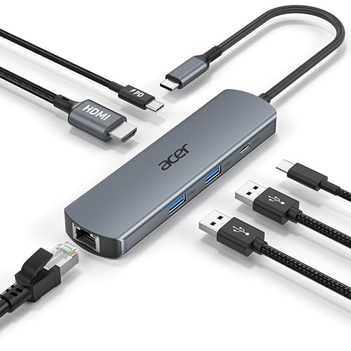 Acer USB C ハブ【6-in-1】Type-C to HDMI ハブ 4K@60Hz、1000Mbps 有線LAN ポート、USB-A 3.0×2 & USB-C 3.0、PD 100W対応 タイプC Hub アダプター ノートPC タブレット MacBook Pro/Air・iPad・iMac・XPS対応の外観・全体像 画像