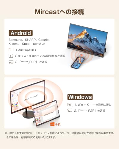 【Amazon限定モデル】ワイヤレス モバイルモニター 15.6インチ FHD1080P UPERFECT モバイルディスプレイ 8000mAh大容量バッテリー内蔵 自立スタンド ポータブルモニター 非光沢IPS液晶パネル 無線接続モニター 薄型軽量 持ち運び VESA対応 USB Type-C/ミニHDMI Windows/MAC/iPhone/スマホなど対応 在宅勤務 リモートワークの特徴・詳細 画像