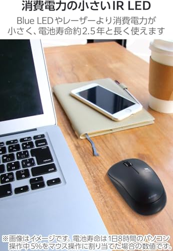 エレコム マウス ワイヤレス (レシーバー付属) Mサイズ 3ボタン 約2.5年電池交換不要 省電力 ブラック M-FIR08DRBKの詳細・まとめ 画像