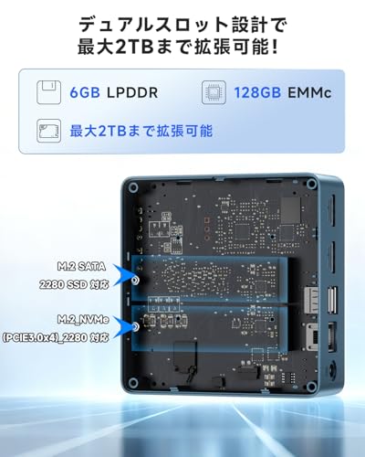 ミニpc【2026超高コスパ·デュアルスロット SATA/NVMe両対応】mini pc Win11/Linux 自動調整冷却ファン Bmax ミニpc 4K×2画面出力 Celeron J3355 最大2.5GHz 動作より安定 ミニバソコン 高速LAN 6GB+128GB 小型pc WIFI5/BT5.0 USB3.0×2 小型パソコン CMOSクリア Vesaマウント 企業・学習の特徴・詳細 画像