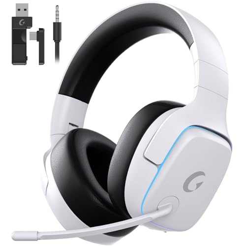 ゲーミングヘッドセット ps5 ヘッドセット 4WAY接続 7.1ch サラウンド<20ms超低遅延ゲームヘッドセット 軽量/ノイズキャンセリングマイク / 50MMドライバー立体音響 / RGB ライト/最大約70時間バッテリー / 急速充電/マイク付き pc ps5 ps4 xboxone対応 (パールホワイト)の外観・全体像 画像