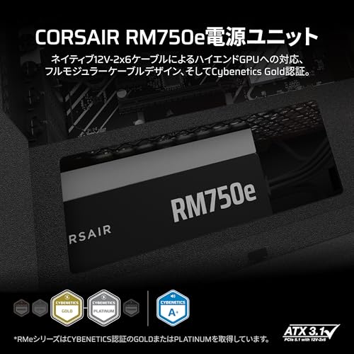 CORSAIR RM750e 2025モデル PC電源ユニット 750W PCIE 5.1 対応 80PLUS Gold認証 ATX 3.1 認証済 フルモジュラー 12V-2x6 ケーブル付属 CP-9020295-JPの詳細・まとめ 画像