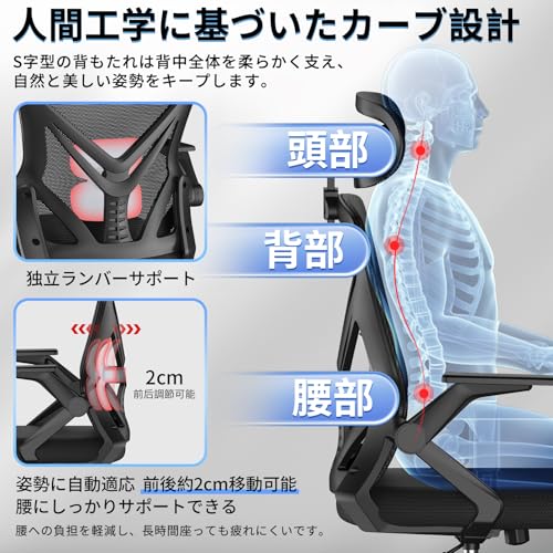 RELXSKY オフィスチェア デスクチェア 疲れない 人間工学 椅子 135°ロッキング機能 可移動腰サポート テレワーク 跳ね上げ式アームレスト 3Dヘッドレスト 高反発クッション 通気性事務椅子 学習チェア PCチェア 通気性メッシュ おしゃれ ゲーミング/パソコン/勉強/事務用 (ブラック)の特徴・詳細 画像