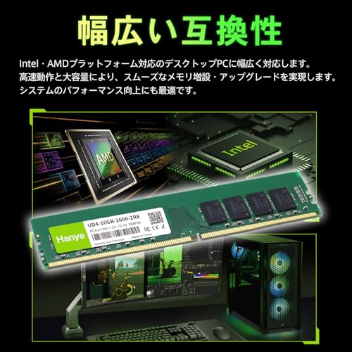 デスクトップPC用メモリ 32GB(16GBx2枚) PC4-21300(DDR4-2666) 288pin DIMM Hanye 1.2V CL19 UD4-16GB-2666-2R8 国内正規代理店品の特徴・詳細 画像