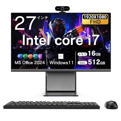 VETESA デスクトップパソコン Core i7 27インチIPS 高性能・多機能一体型PC 1920*1080p FHD Windows 11 Pro MS Office 2024付き USB3.0/Type-C (USB2.0)/LAN ポート/WIFI5.0搭載 キーボードとマウス付属 16GB 512GB SSD ブラック 1