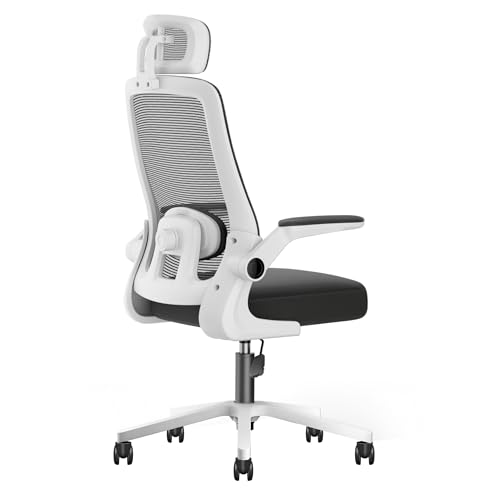 オフィスチェア デスクチェア ゲーミングチェア 腰サポート可動式ランバー 跳ね上げ式アームレスト 2Dヘッドレスト 30°ロッキング 通気性メッシュ 8CM厚座面 360°回転 10CM昇降調節 パソコンチェア(ホワイト)の外観・全体像 画像